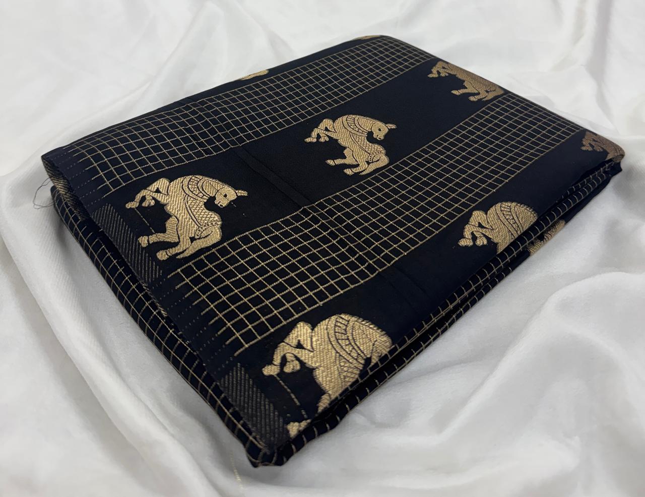 Pure Crepe Checks Saree with Satin Border & Deer Weaving Design Silk Saree